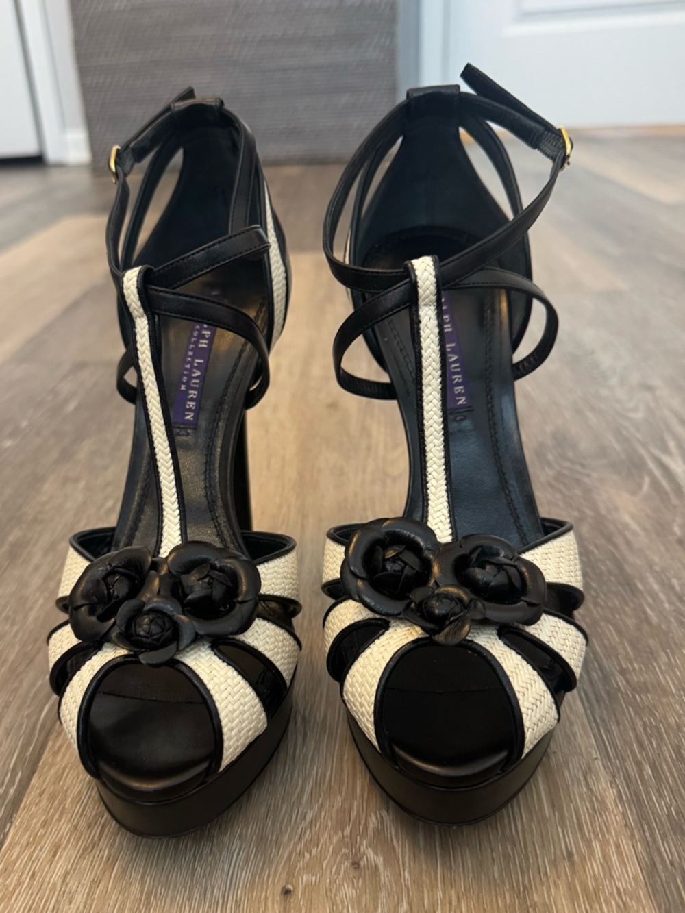 Ralph Lauren Black and Cream T-Strap Platform Sandals (Purple Label)